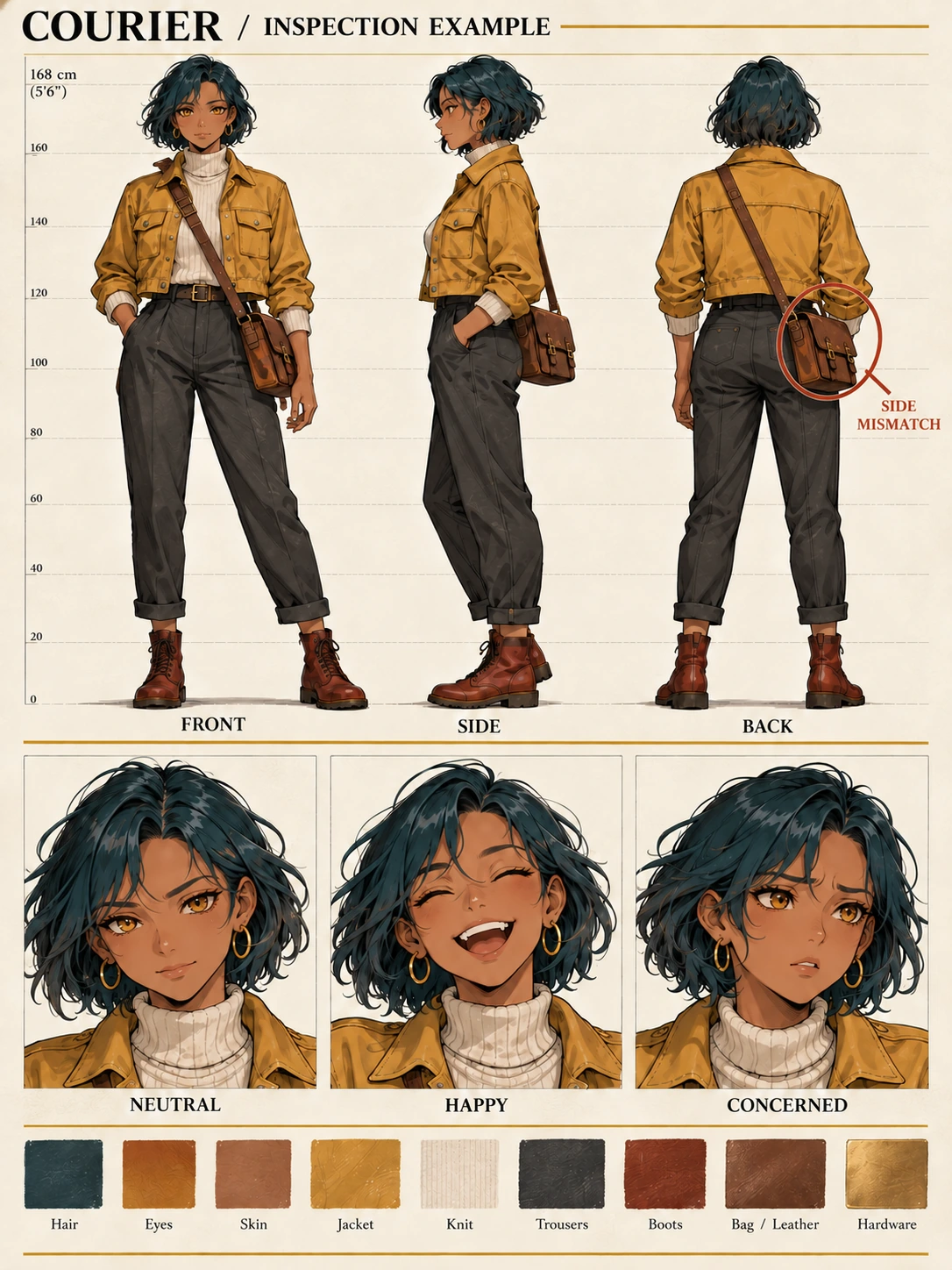 Codex-generated teaching character sheet with FRONT, left-facing SIDE, BACK, and three expression portraits; the bag is correctly on the viewer’s right in FRONT but incorrectly remains on the viewer’s right in BACK.
